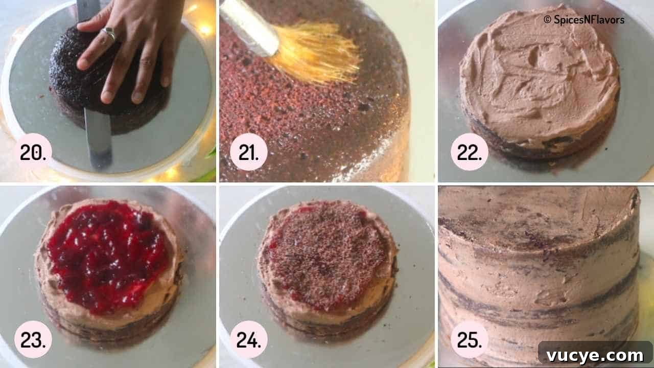 Egg-Free Black Forest Cake Recipe: Rich Chocolate Cherry Dessert 8 collage of steps explaining how to assemble the cake