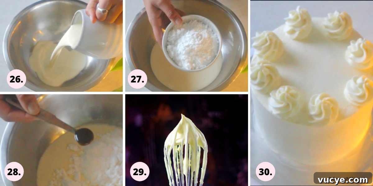 Egg-Free Black Forest Cake Recipe: Rich Chocolate Cherry Dessert 9 collage of steps explaining how to make chantilly whipped cream
