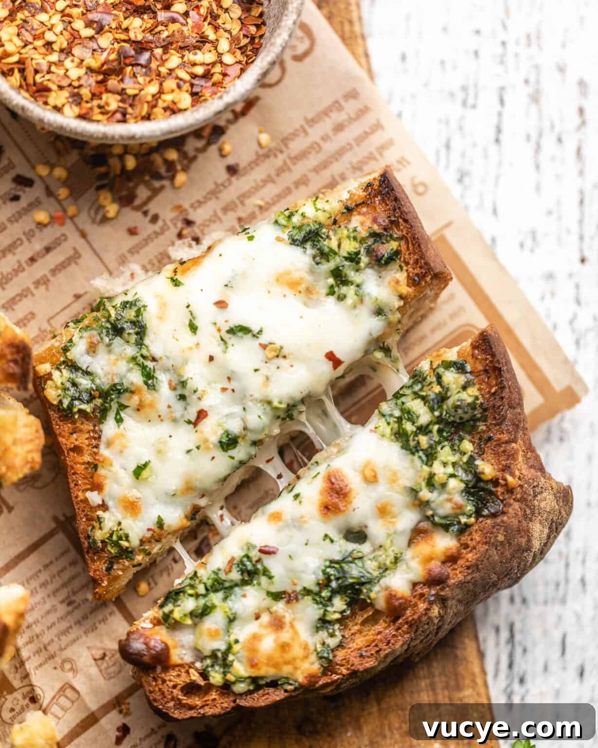 a slice of cheesy garlic bread cut in half 