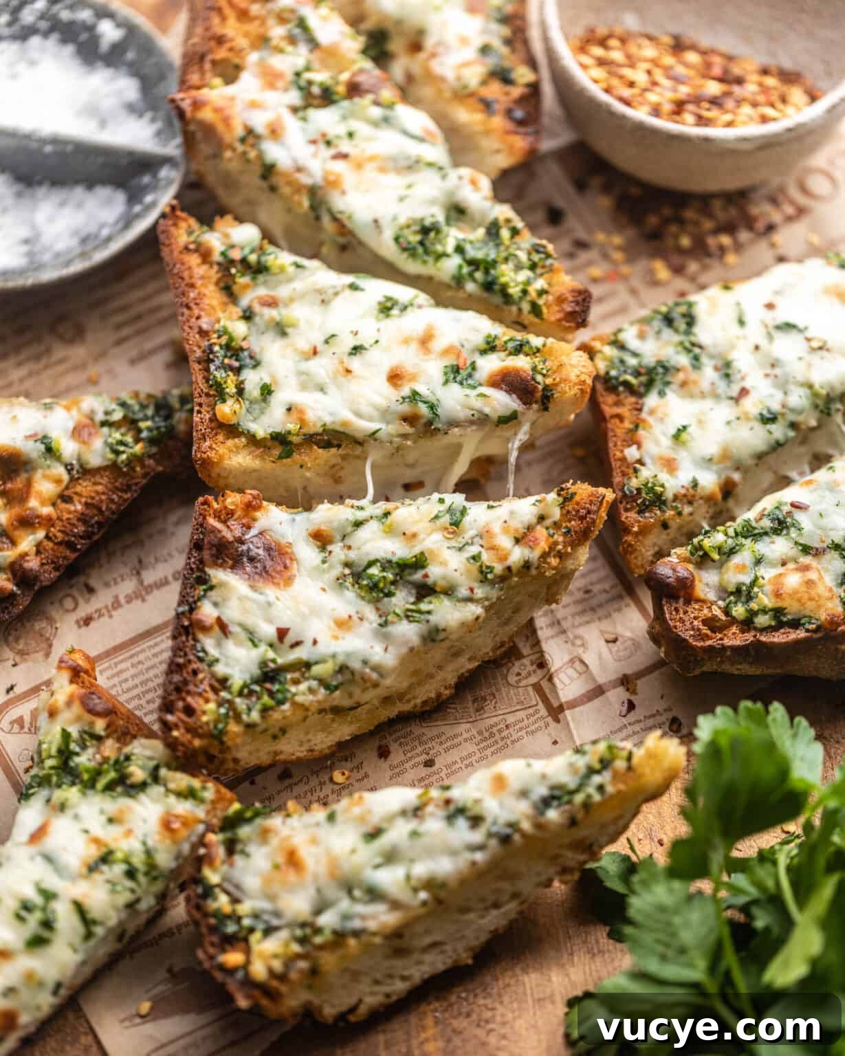 slices of garlic bread on a piece of newspaper