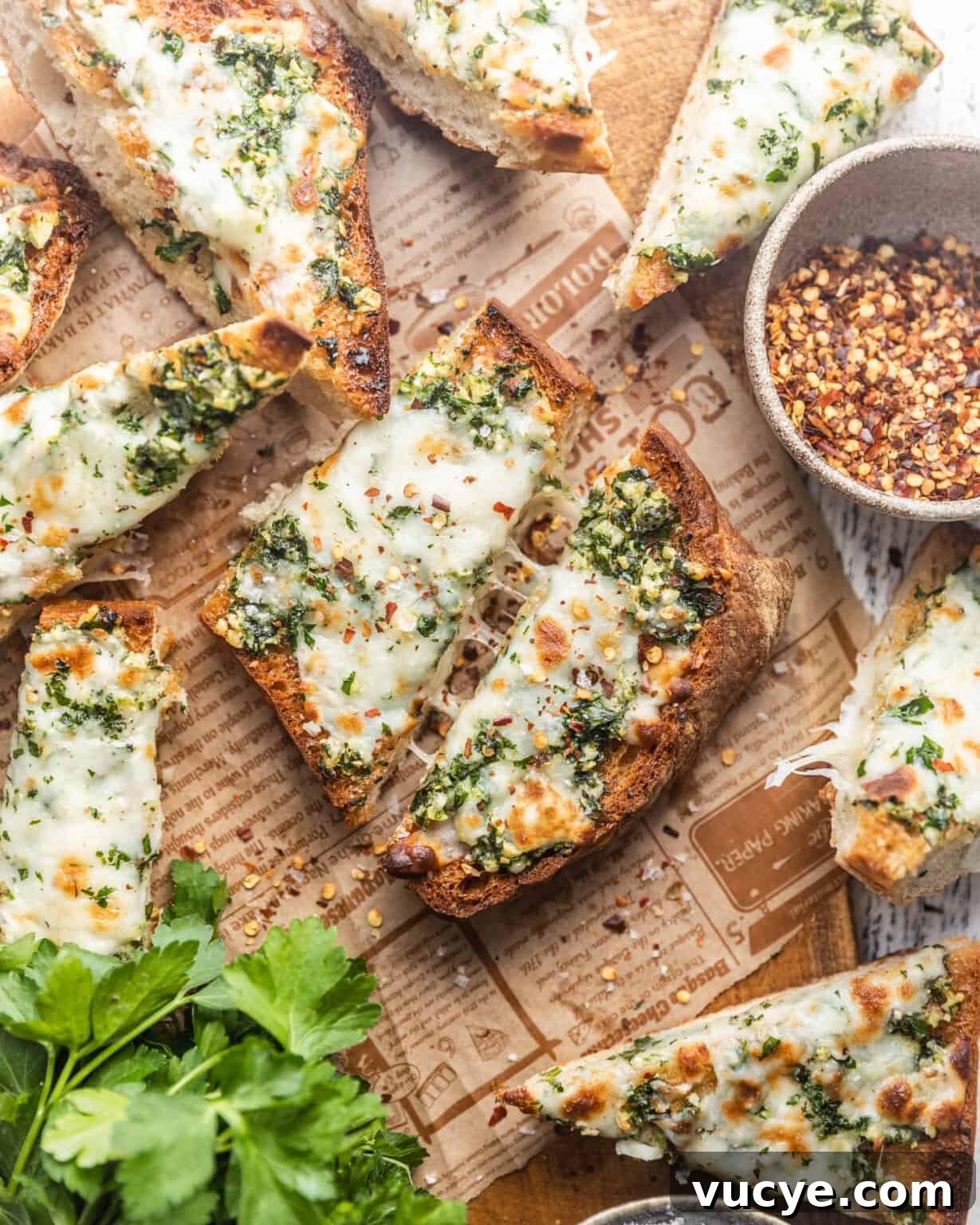 cheesy garlic bread with a bowl of red pepper flakes and parsley
