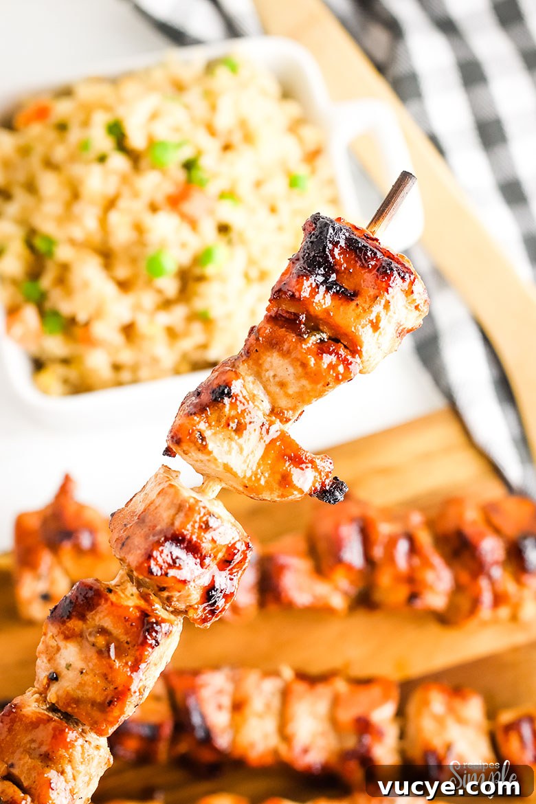 Grilled Asian Pork Kabob closeup on skewer with fried rice in background