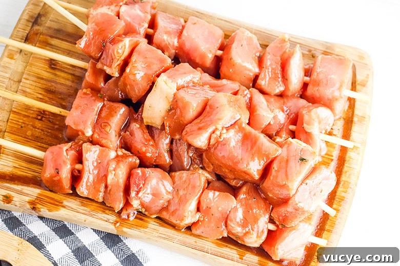 Pork Kabobs on skewers ready to grill