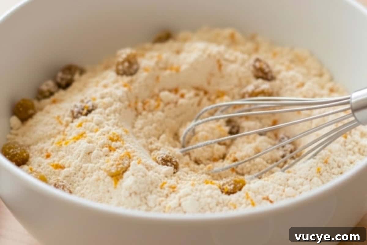 In a large mixing bowl, whisk together flour, remaining sugar, all spice, cinnamon, and salt. Stir in the sultanas and orange zest.