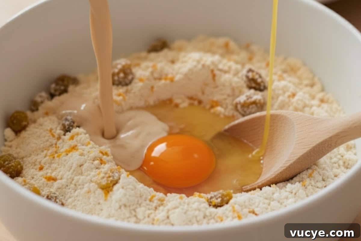 Pour in the frothy yeast mixture, cooled melted butter and an egg.