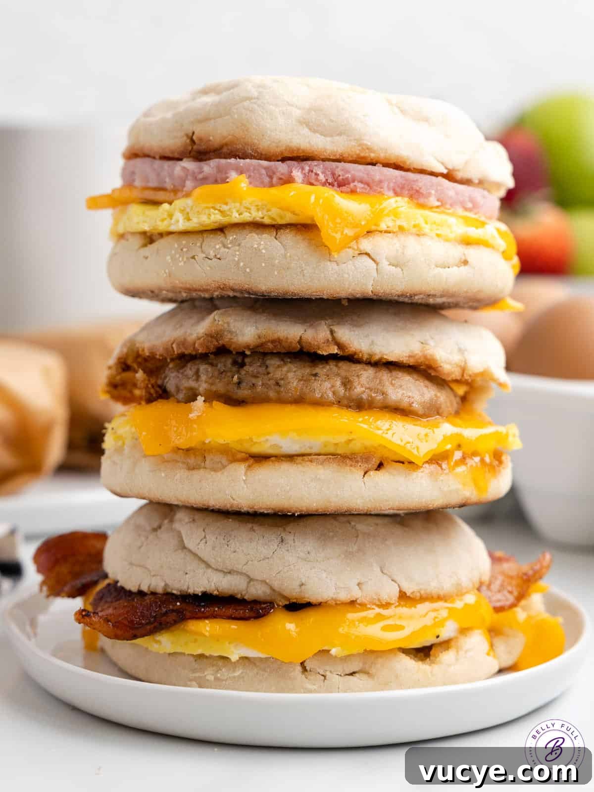 Made with egg, cheese, and breakfast meat on an English muffin, these Freezer Breakfast Sandwiches are perfect for busy mornings. A stack of three freezer breakfast sandwiches