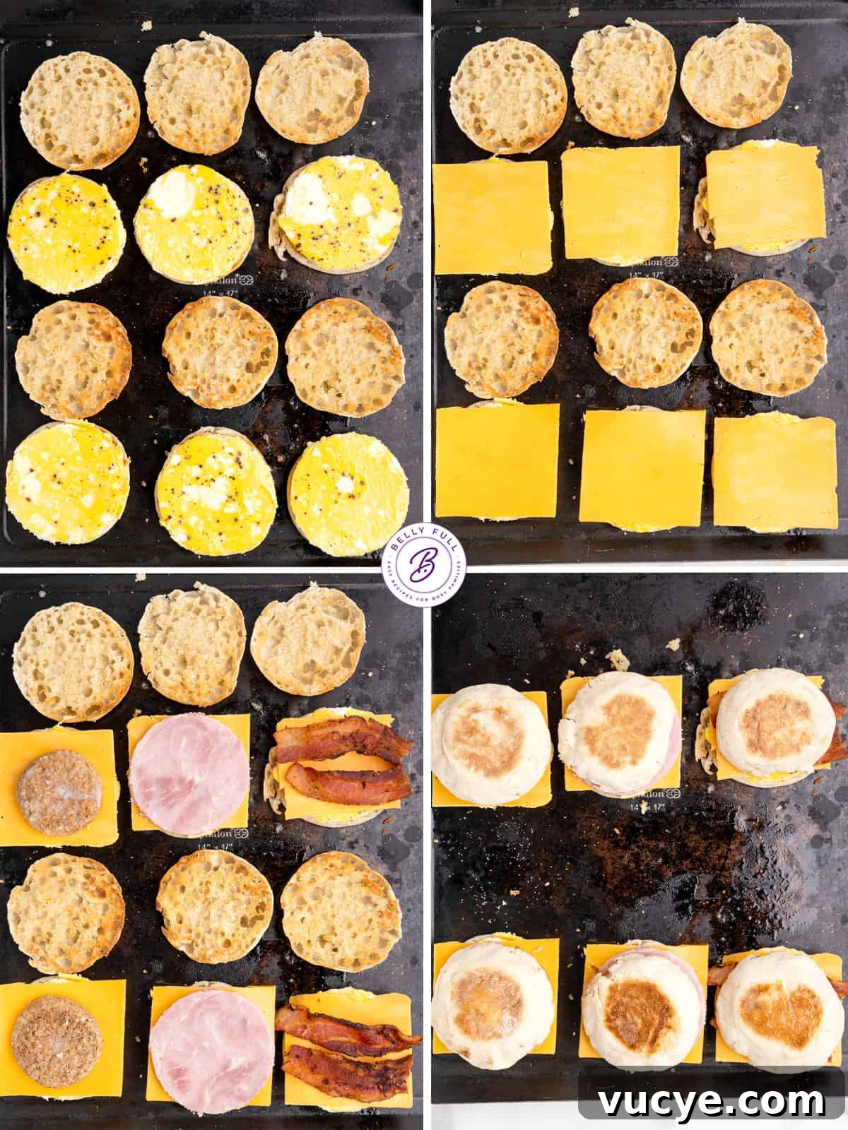 Made with egg, cheese, and breakfast meat on an English muffin, these Freezer Breakfast Sandwiches are perfect for busy mornings. Process shots of how to make meal prep breakfast sandwiches