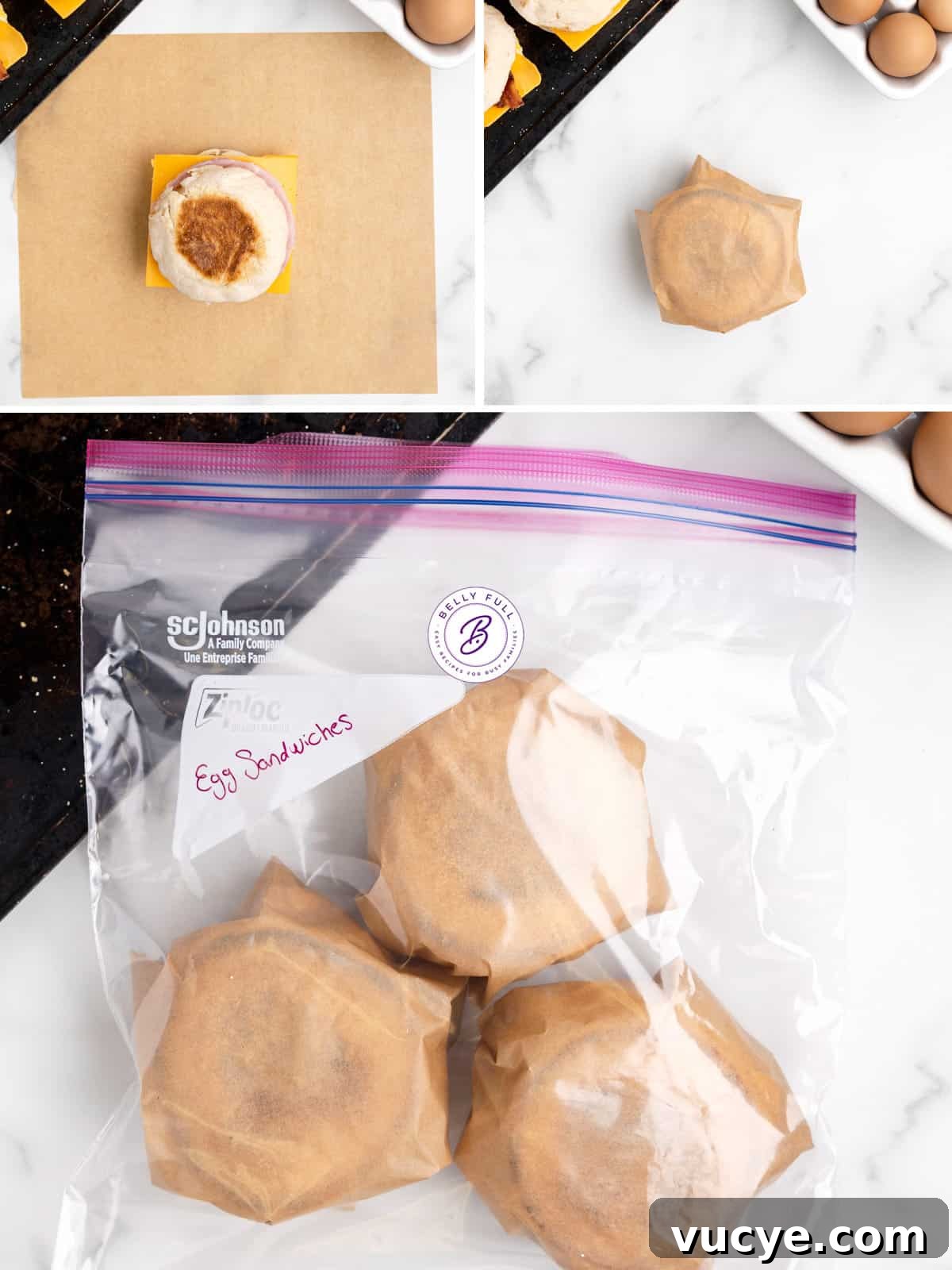 Made with egg, cheese, and breakfast meat on an English muffin, these Freezer Breakfast Sandwiches are perfect for busy mornings. Process shots of how to wrap freezer breakfast sandwiches