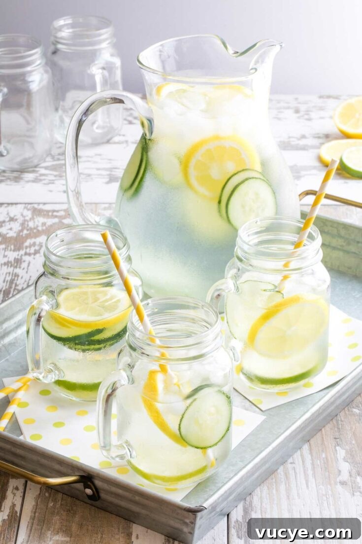 Pitcher of lemon-lime-cucumber infused water on tray with glasses and slices.