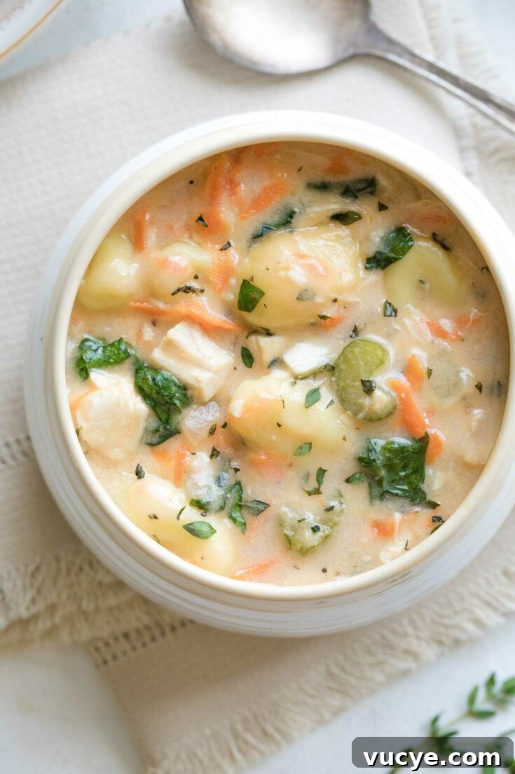 Bowl of creamy chicken gnocchi soup with thyme garnish.