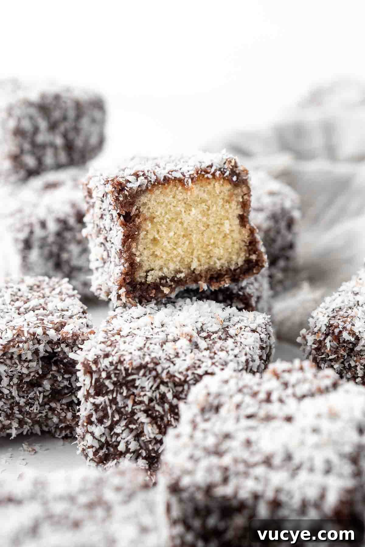 Classic Australian Lamington Recipe: Moist Sponge Cakes with Chocolate & Coconut 10 Close up of a lamington cut in half.