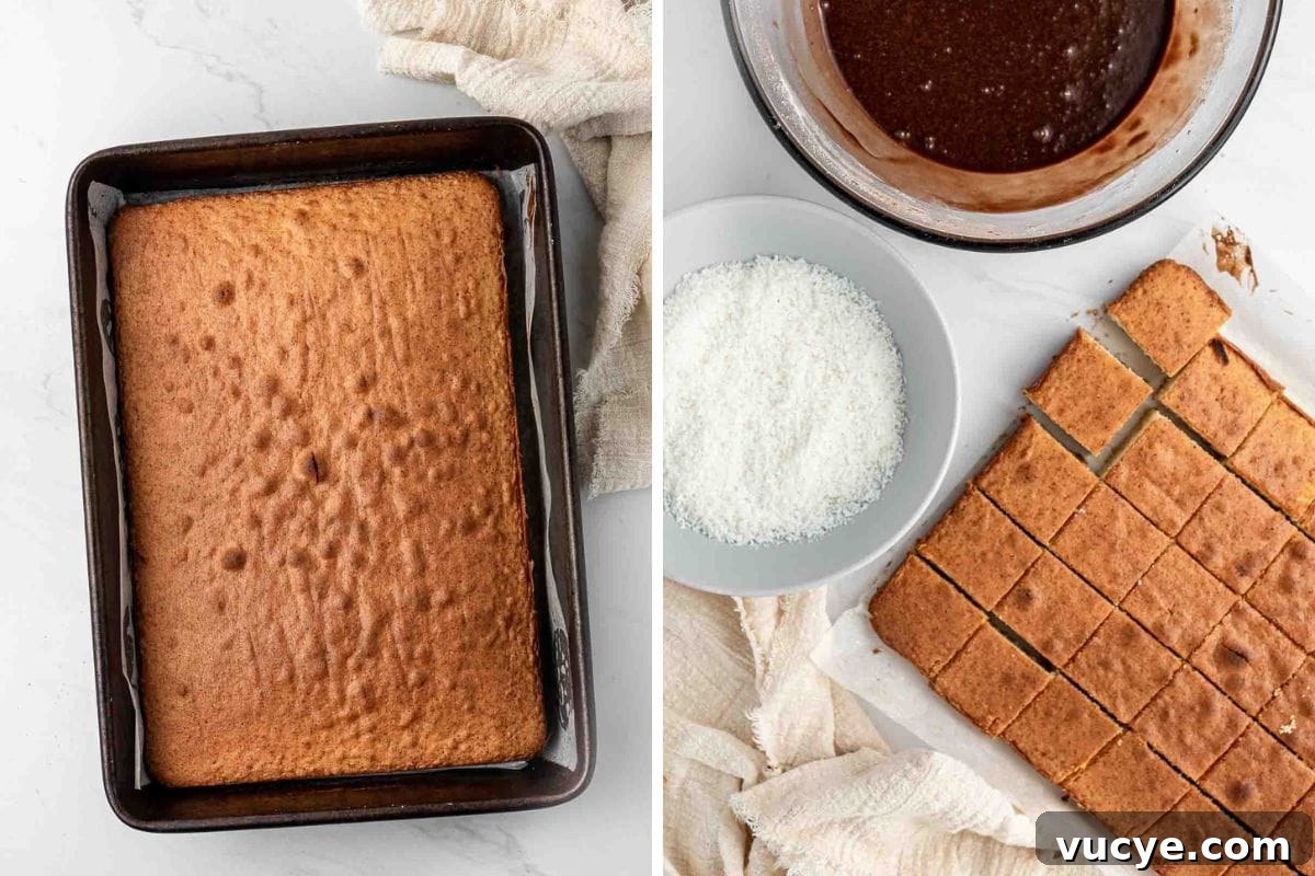 Classic Australian Lamington Recipe: Moist Sponge Cakes with Chocolate & Coconut 8 Vanilla cake baked and sliced in squares.