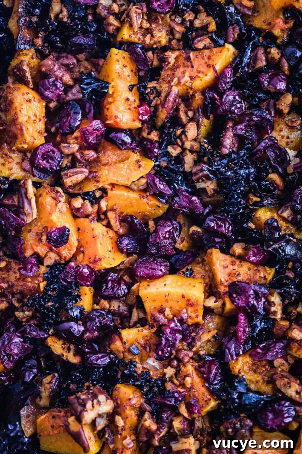 The kale, roasted squash, spiced pecans and dried cranberries.