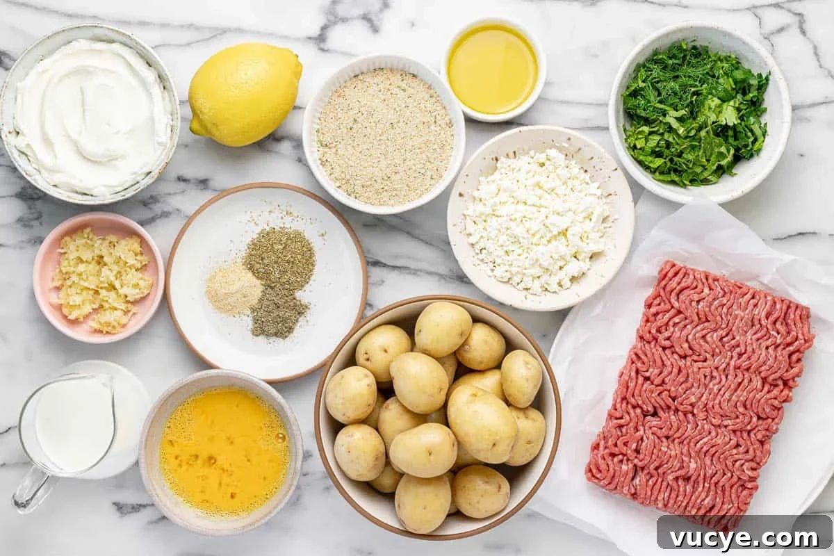Greek-Style Sheet Pan Meatballs with Roasted Potatoes 3 Bowls of ingredients to make sheet pan feta meatballs and potatoes.
