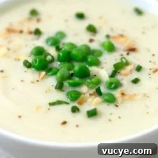 Close-up photo of a bowl of vegan cauliflower soup