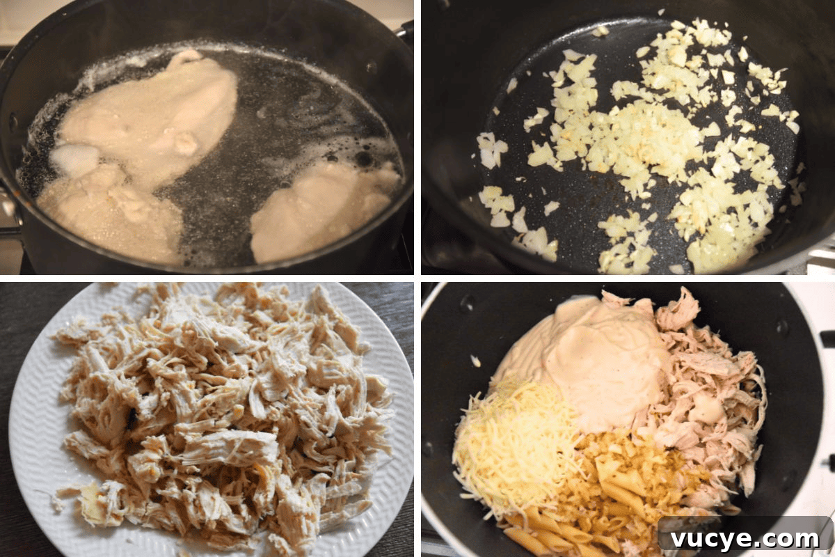 Creamy Chicken Alfredo Pasta Bake: Cheesy Family Casserole 5 steps to make a chicken alfredo casserole.