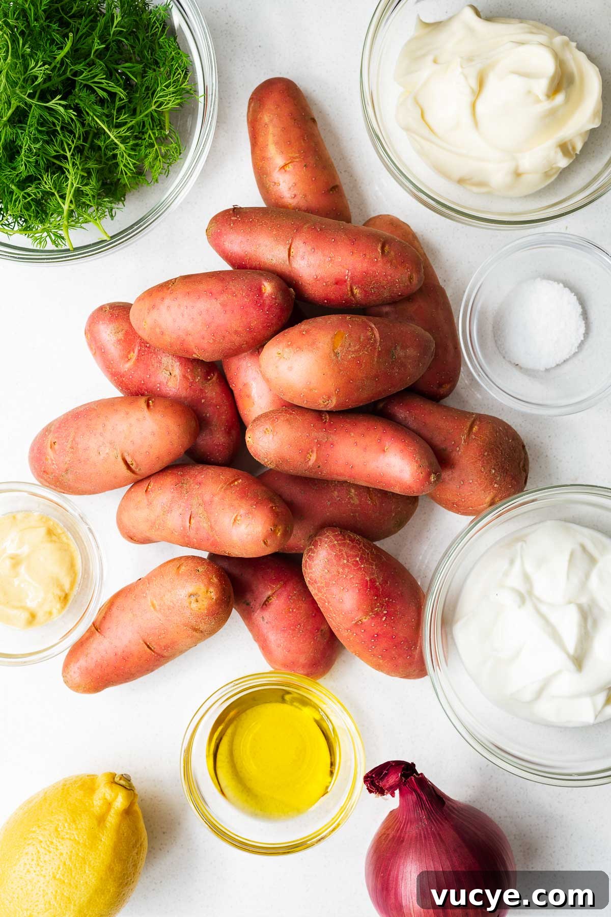 Ingredients for a red potato salad with dill and creamy yogurt dressing viewed from above.