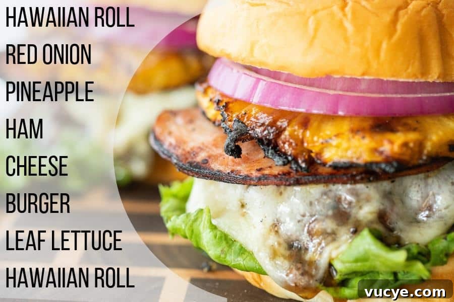 Hawaiian teriyaki burger recipe Cheeseburger topped with grilled ham and pineapple on a wood cutting board with text overlay about ingredients.