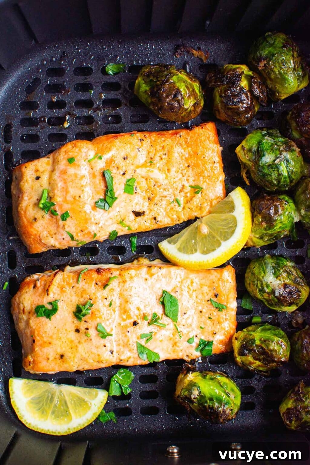 air fryer salmon with brussel sprouts