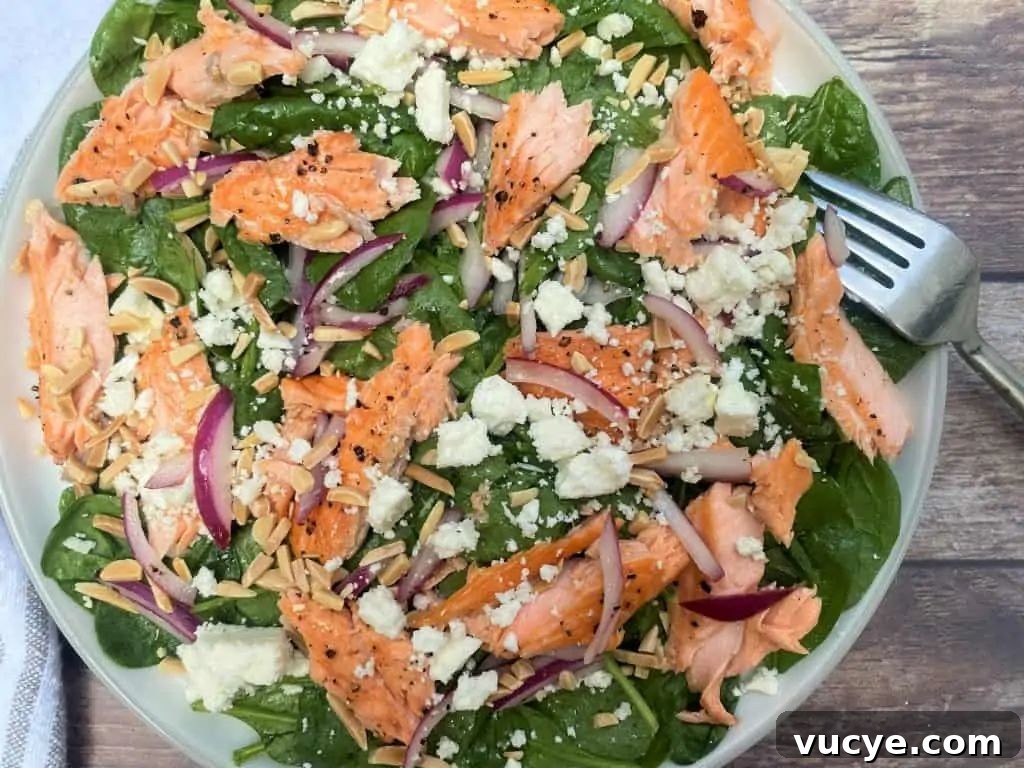 salmon salad with feta and spinach