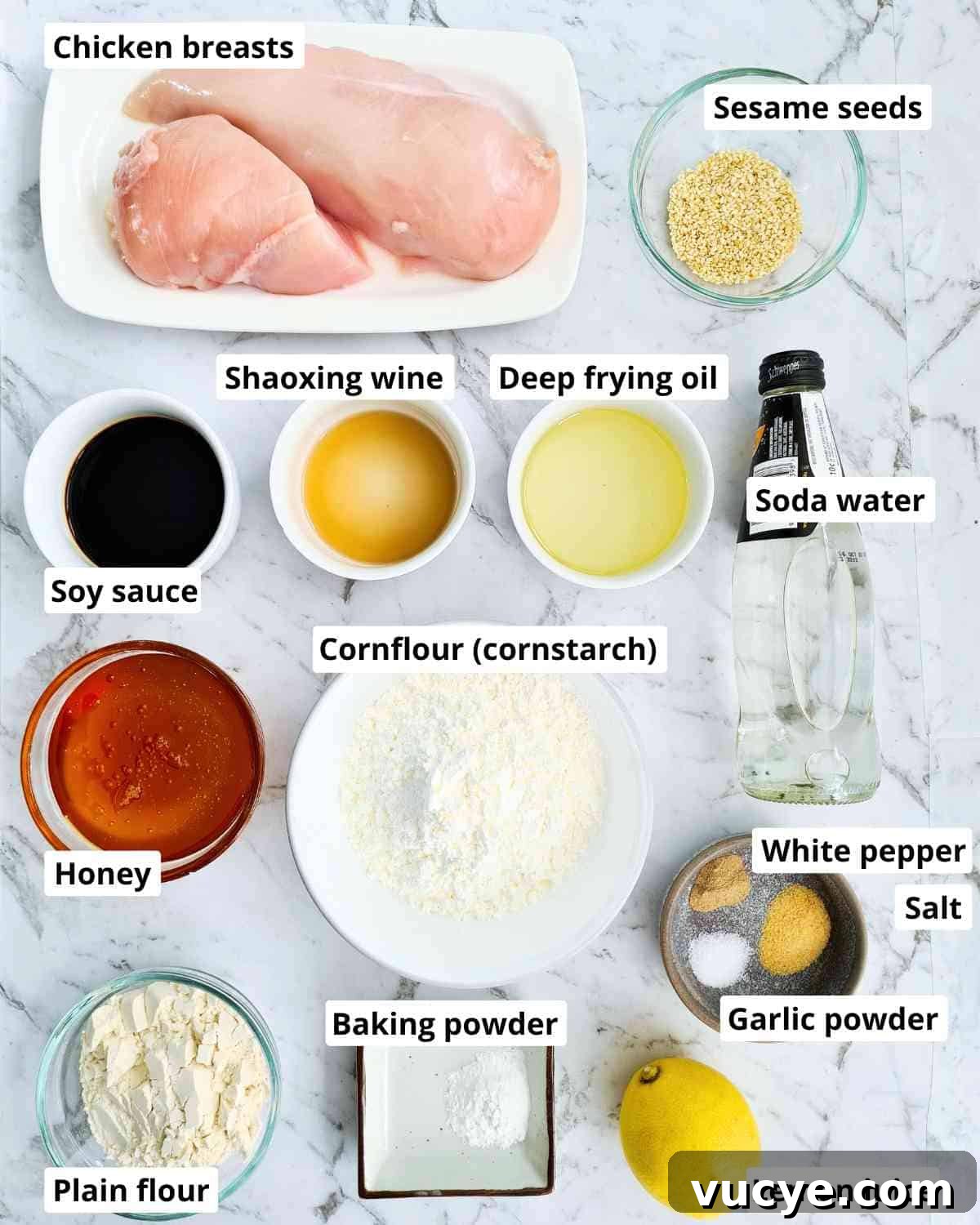 Ingredients required to make honey sesame chicken recipe, labeled