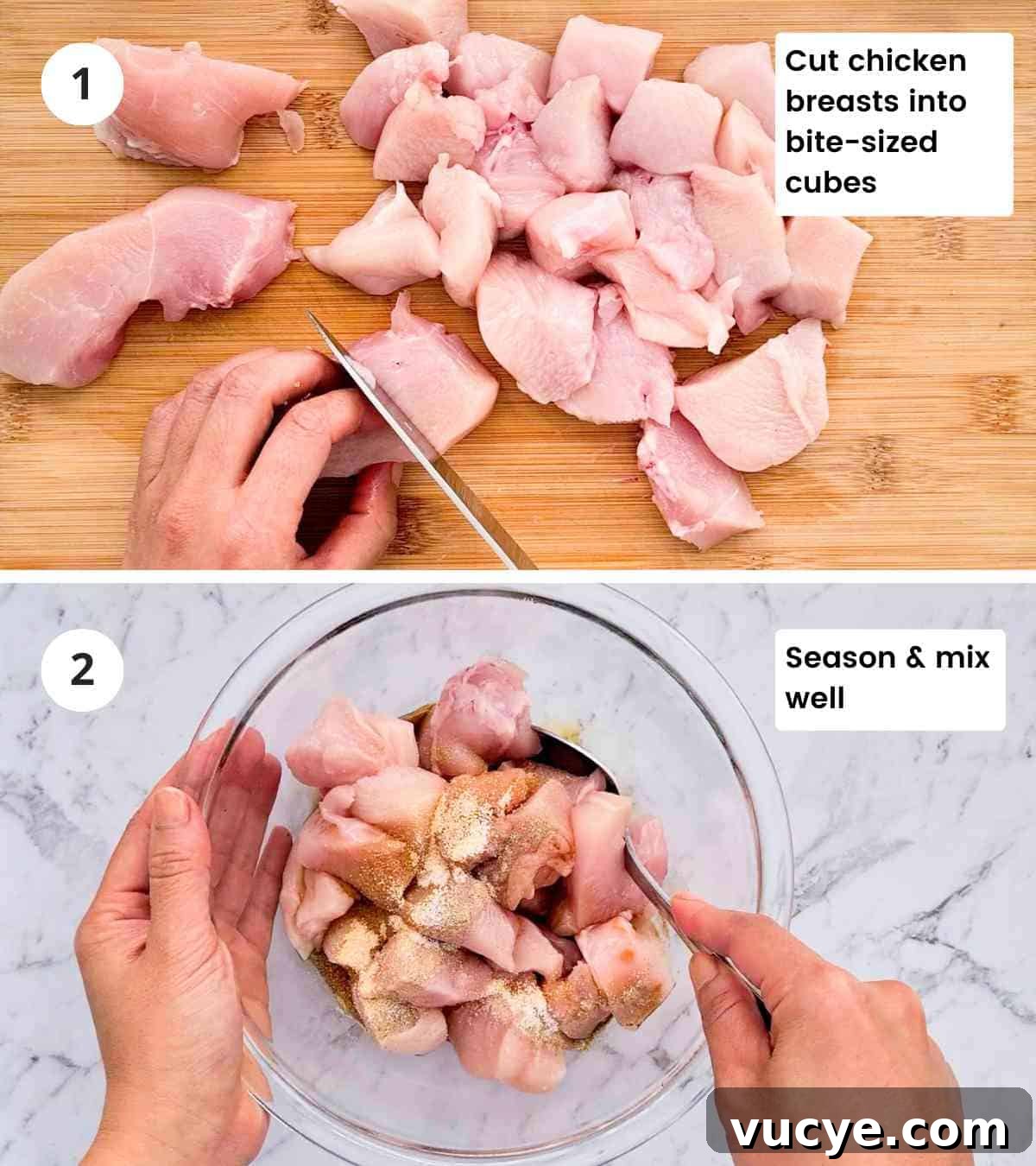 2 step collage of seasoning chicken with captions