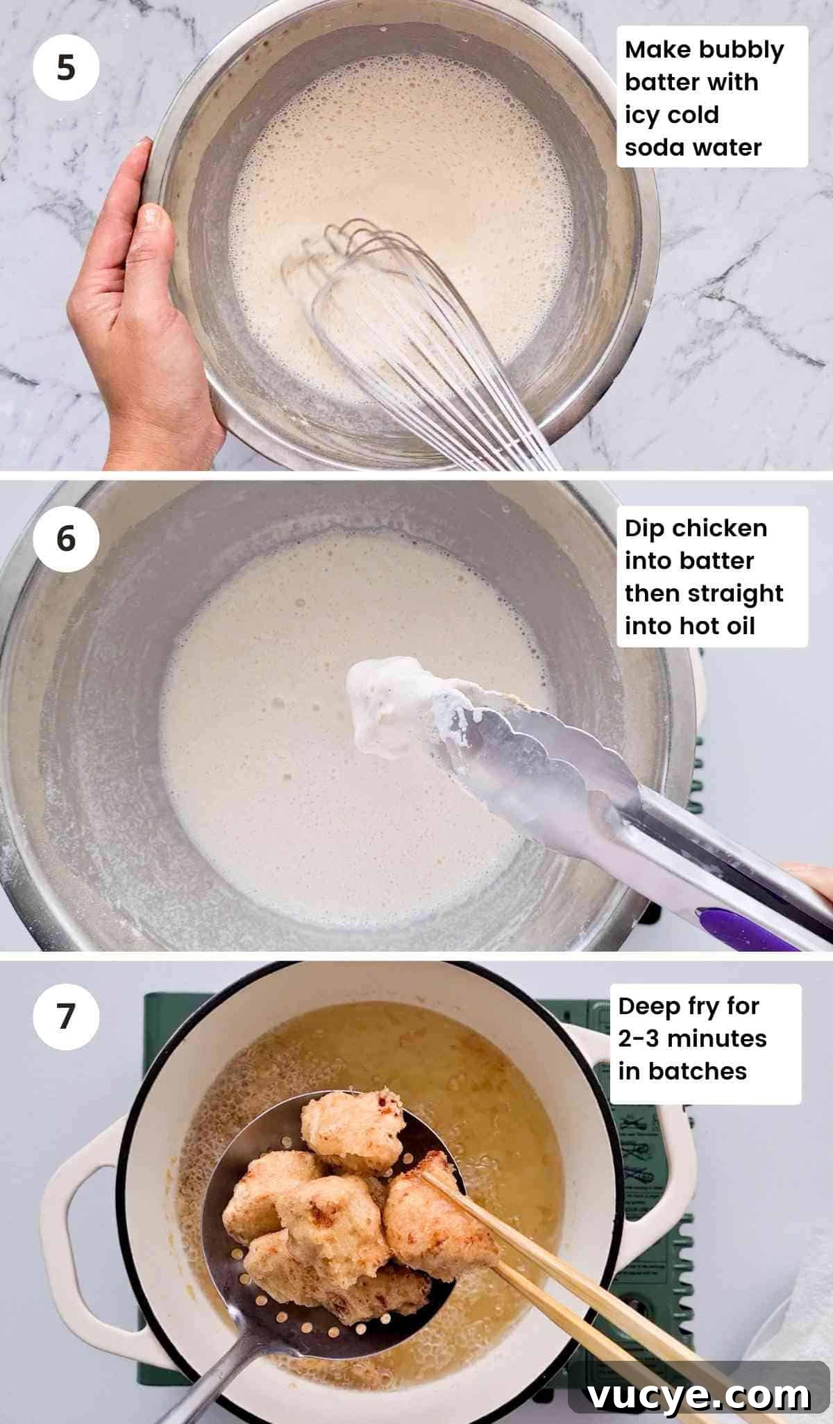 3 step collage of deep frying chicken with captions