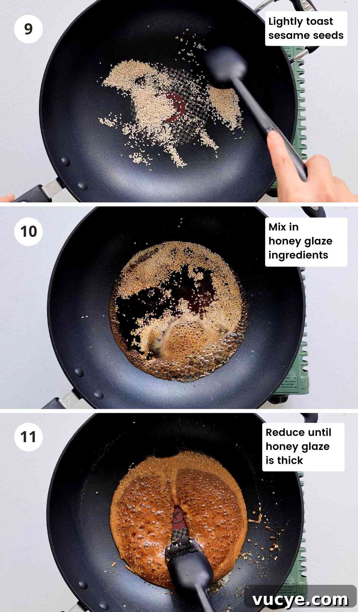 3 step collage of making honey sesame glaze with captions