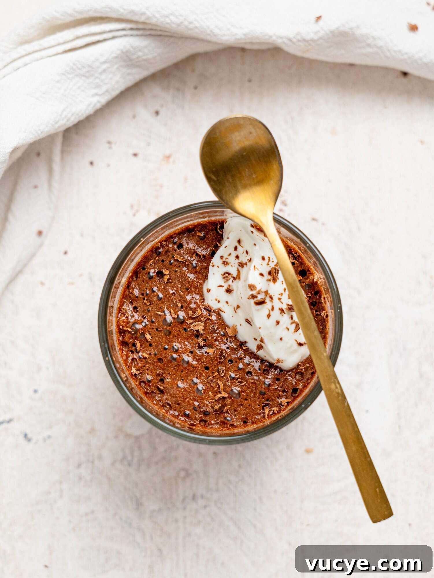 Bird's eye view of chocolate protein mousse.
