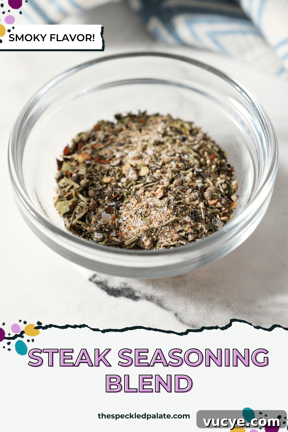 A small batch steak seasoning blend in a glass bowl on marble with the text steak seasoning blend