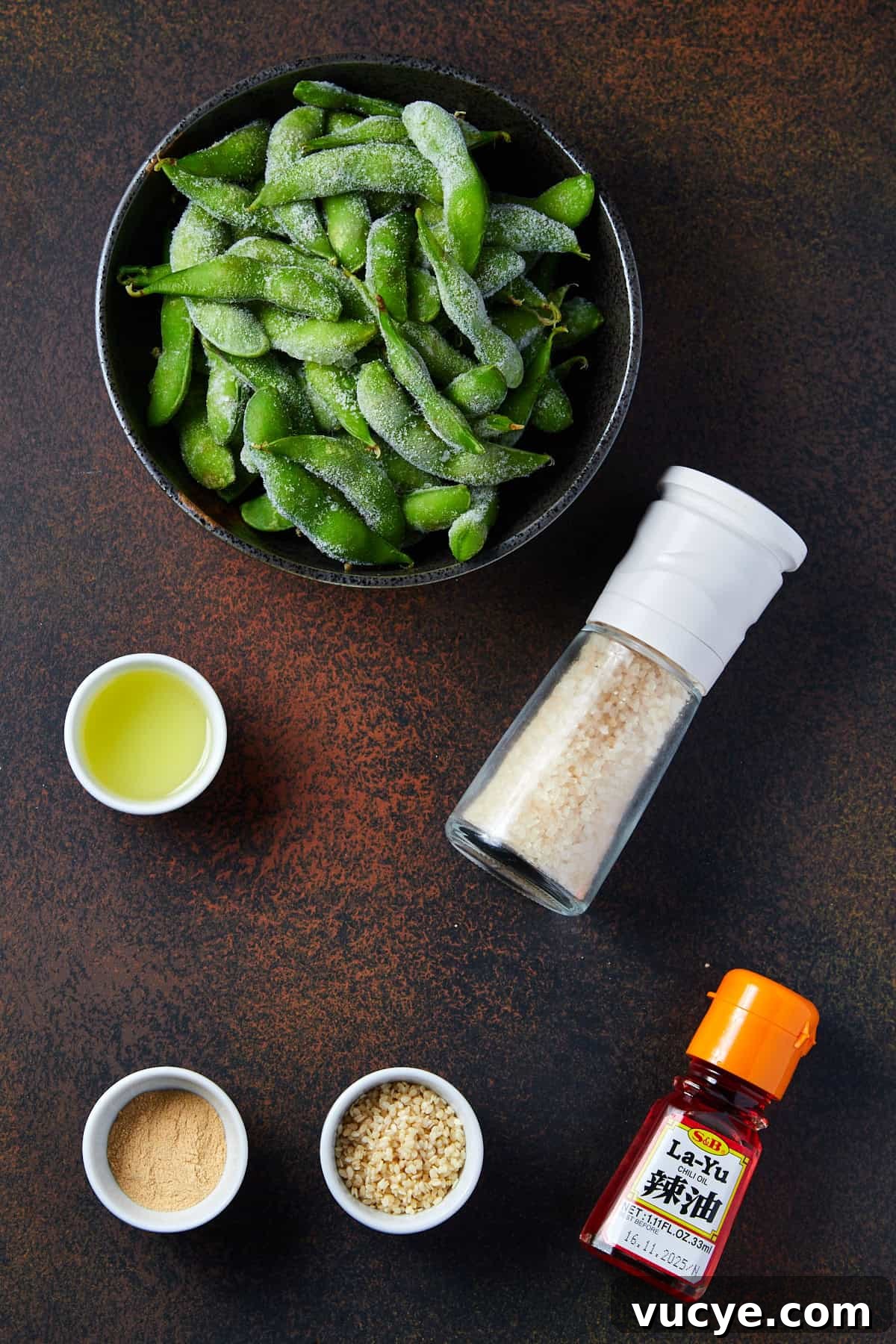 Crispy Air Fryer Frozen Edamame in 10 Minutes 3 Photo showing the ingredients for this air fryer frozen edamame bean recipe.