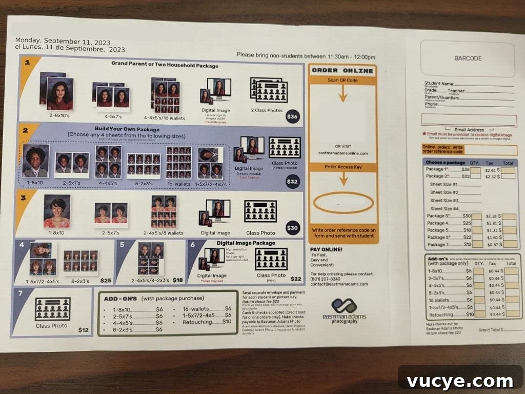 School pictures, paper to choose amount and size of pictures.
