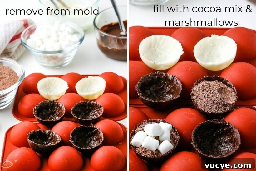 DIY Hot Chocolate Bombs Filled with Mini Marshmallows 6 removing hot chocolate bombs from the mold and filling them with marshmallows