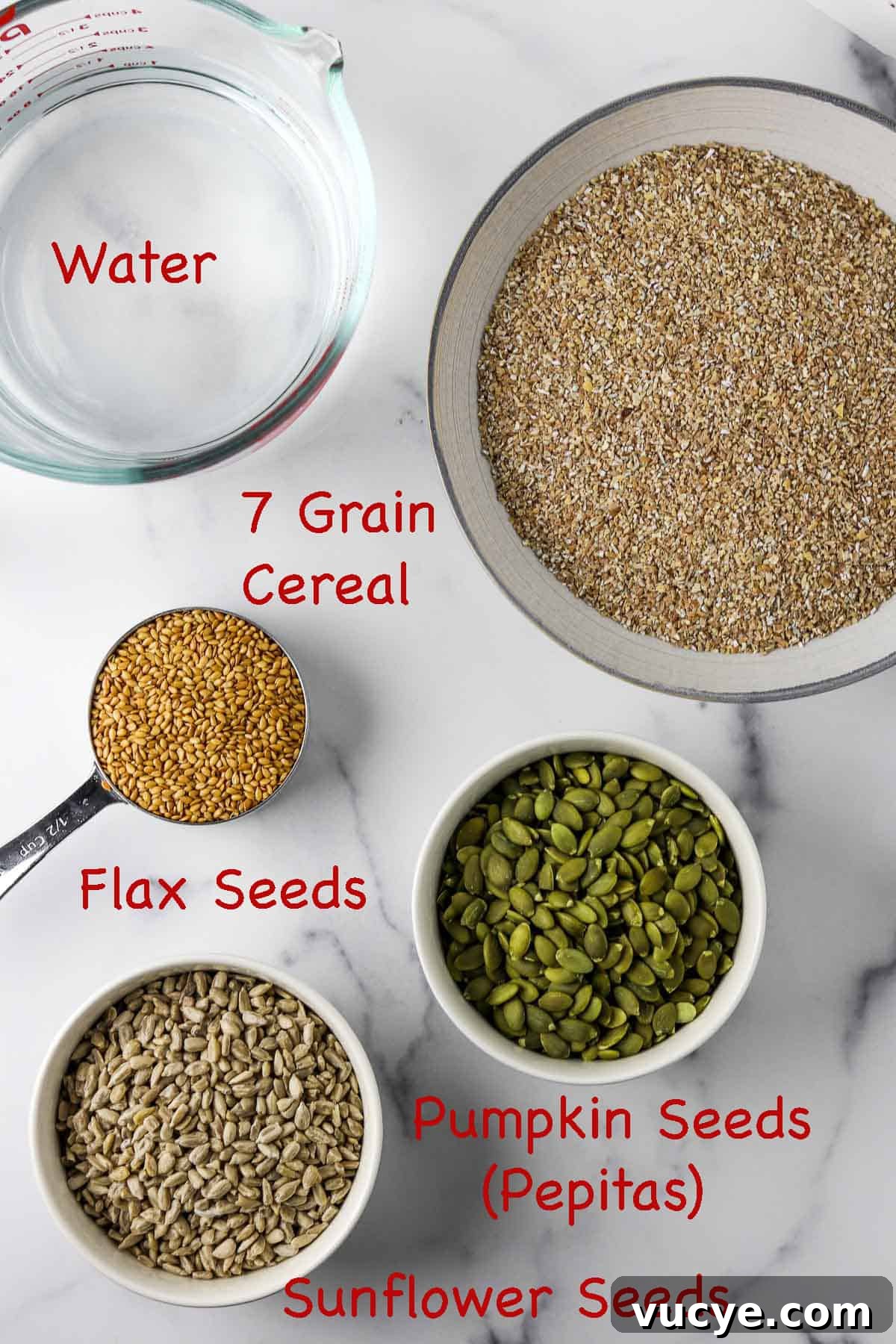 Labeled ingredients for soaker for Danish rye bread.
