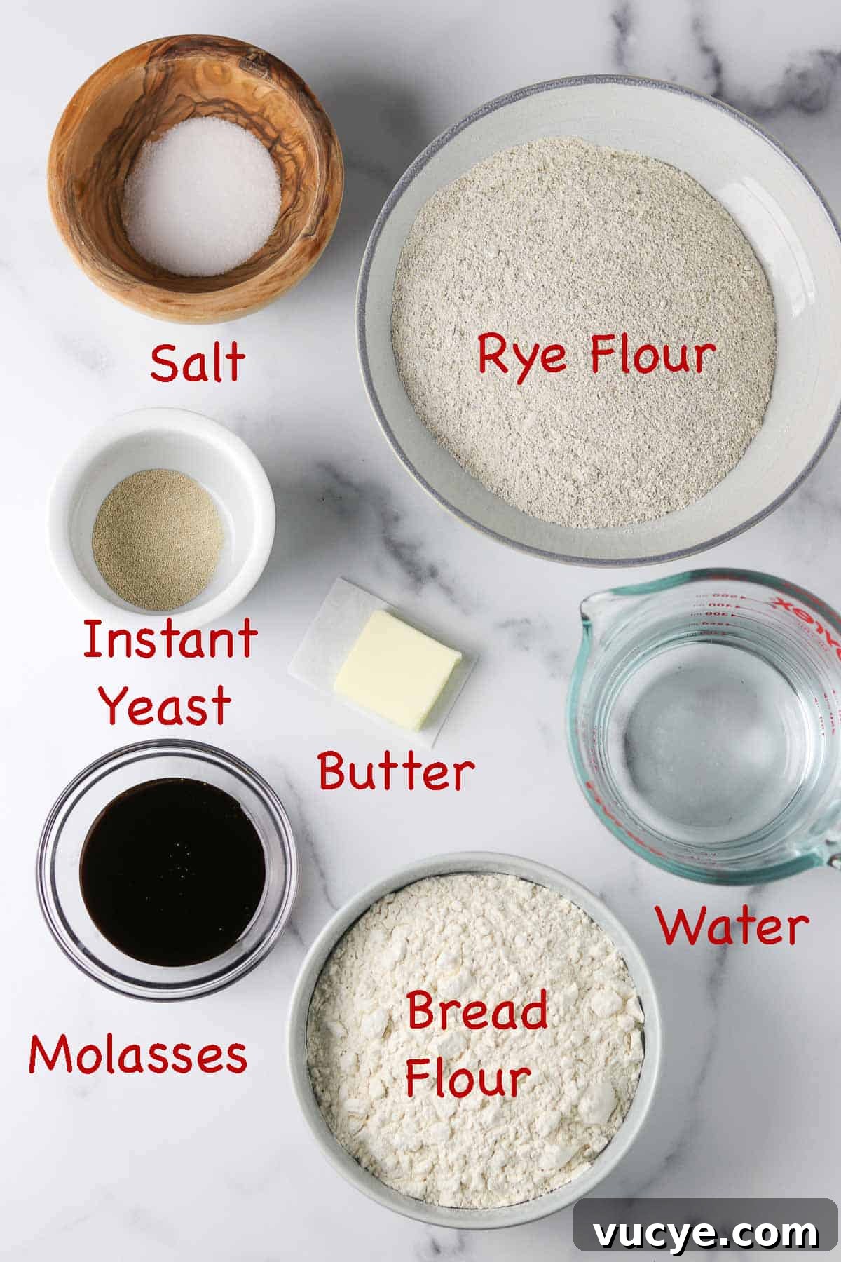 Labeled ingredients for Danish rye bread.
