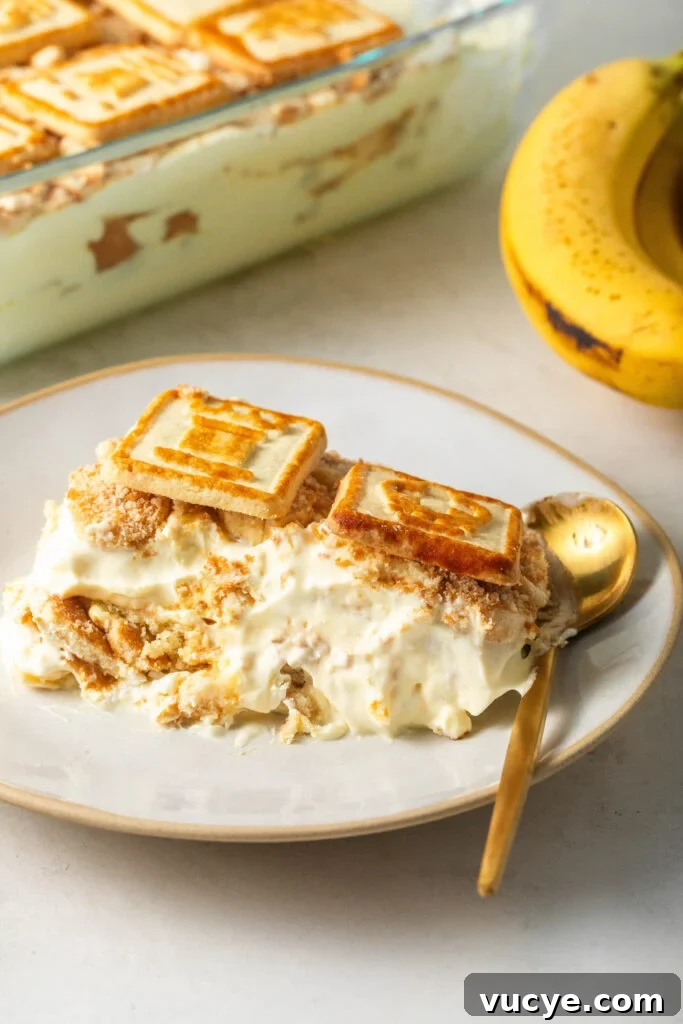 Bowl of Southern Banana Pudding with Chessman cookies with a gold spoon and a banana in the background.