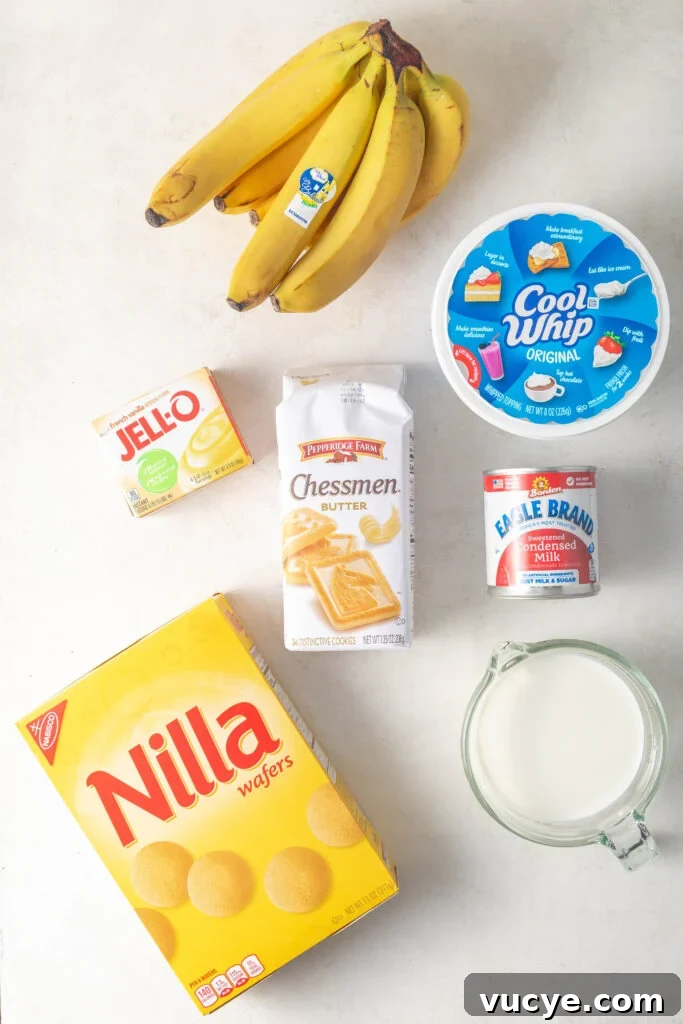 6 Bananas, 1 box of french vanilla jello, 1 package of pepperidge farm chessmen cookies, 1 8 oz container of cool whip, 1 can of sweetened condensed milk, 1 box of vanilla wafers, and a measuring cup with whole milk.
