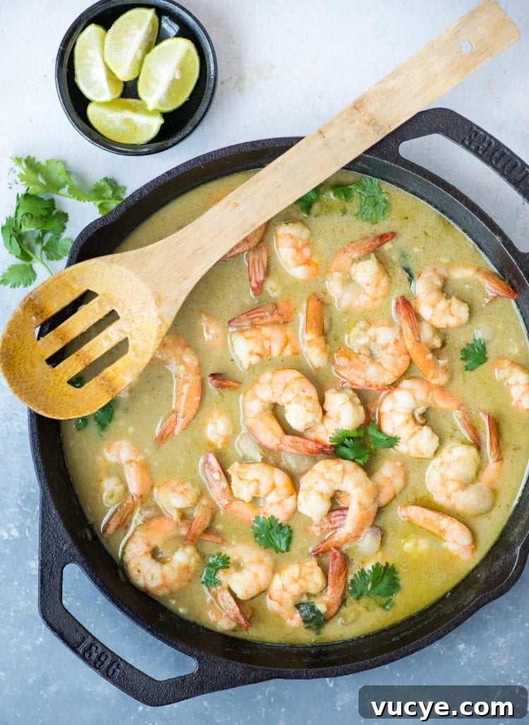 Delicious Thai Shrimp Curry simmered in Thai Green green curry paste and creamy coconut milk takes less than 20 minutes to make.