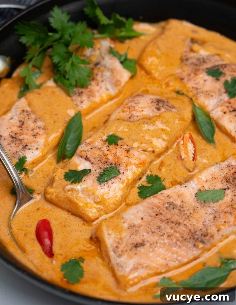 Close up of salmon fillets in a creamy coconut curry sauce and garnished with cilantro, thai basil and chili peppers.