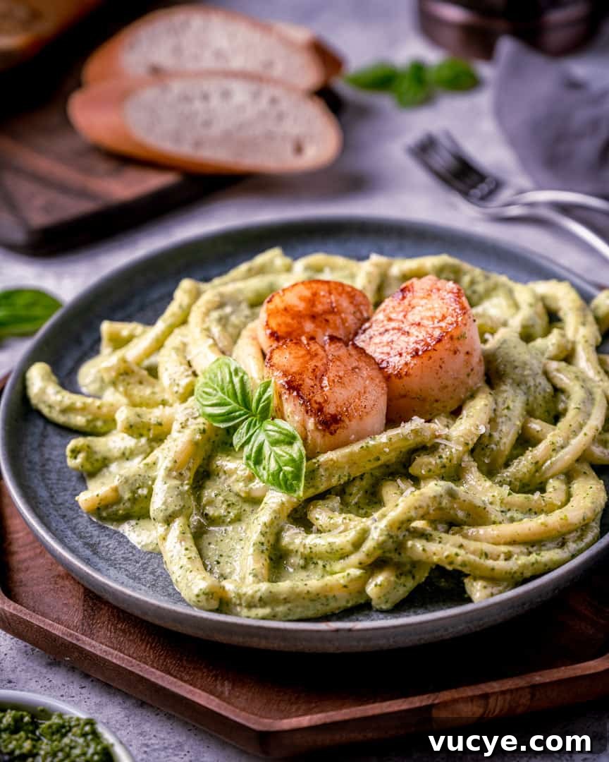 Homemade Basil Pesto: Fast Flavorful Recipe for Any Meal 8 Perfectly Seared Scallops over Casarecce pasta in a Pesto Cream Sauce