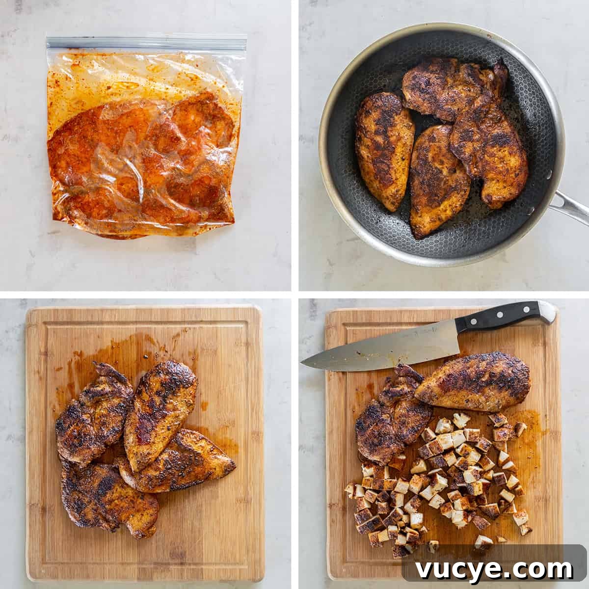 Smoky Chipotle Chicken Recipe: Juicy Grilled Chicken with Sauce 6 Four images of chicken marinating in a plastic bag, cooking in a skillet, and sliced on a cutting board.