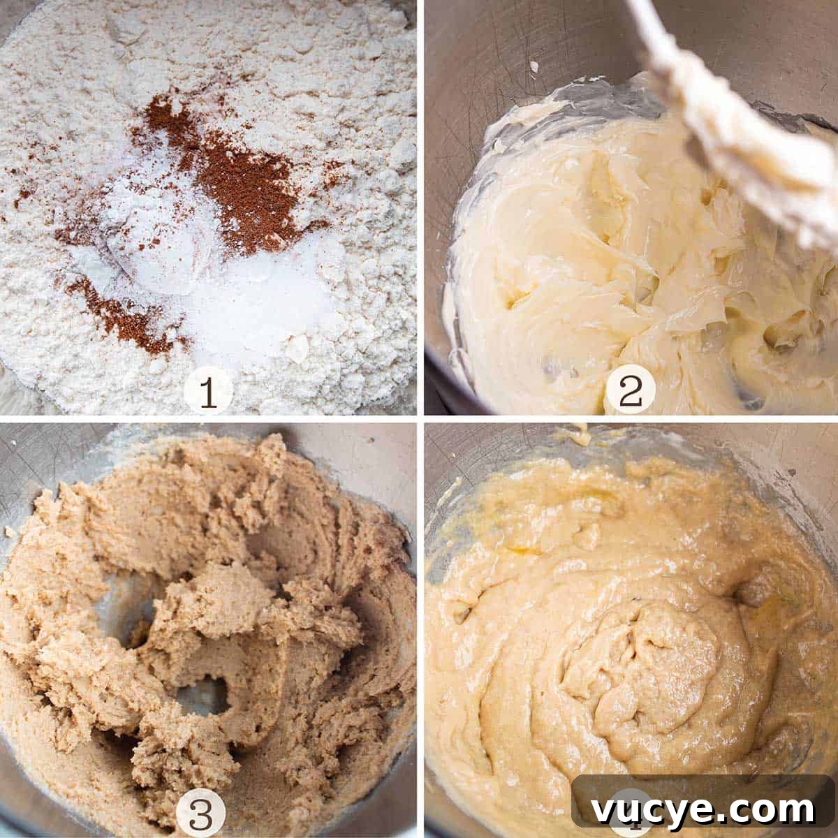 Sourdough Oatmeal Cookies Recipe with Tangy Starter Flavor 4 Four images of sourdough cookie dough being made. One bowl with the dry ingredients then a stand mixer creaming together the wet and then the dry.