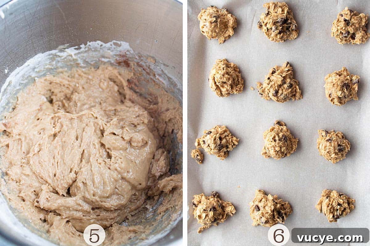 Sourdough Oatmeal Cookies Recipe with Tangy Starter Flavor 5 One photo of cookie batter and the other two with cookies scooped onto a cookie sheet.