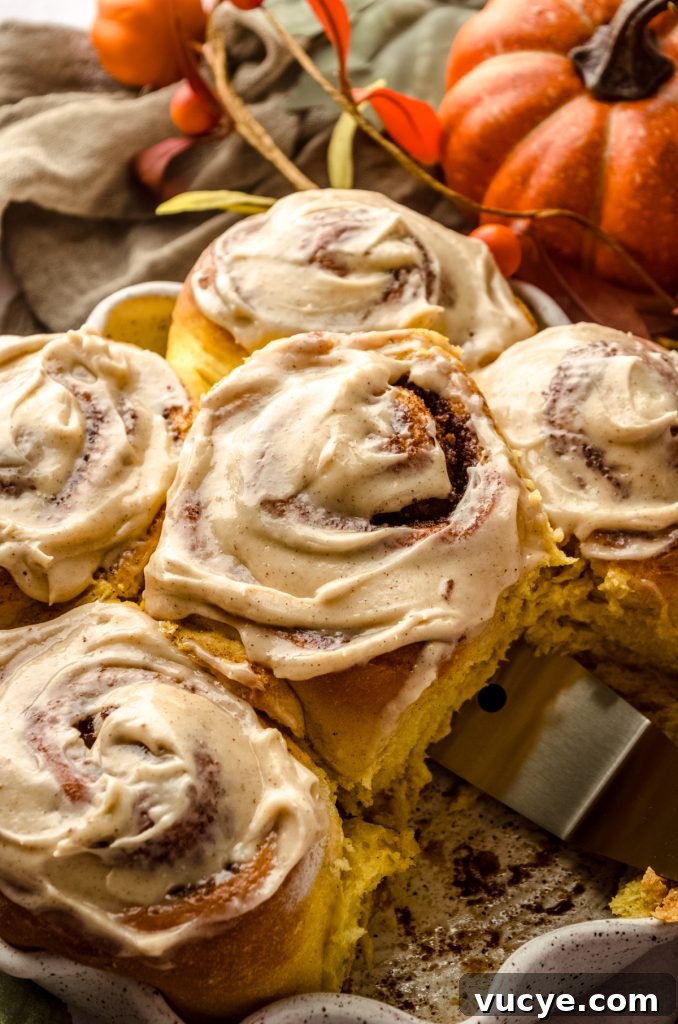 Someone is using a spatula to lift a pumpkin cinnamon roll topped with maple cinnamon cream cheese frosting out of a baking dish.