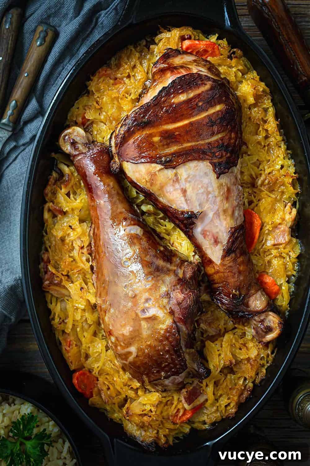 Authentic Serbian Baked Sauerkraut Recipe for Rustic Flavor 6 A close up of baked sauerkraut Serbian-style with turkey legs