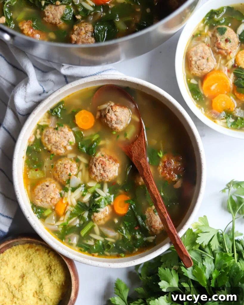 overhead view of vegan Italian Wedding Soup with meatballs, greens, herbs and carrots