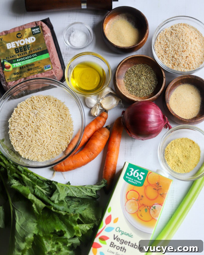 Ingredients for vegan Italian wedding soup laid out in a flatly including ingredients for the vegan meatballs