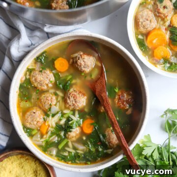 overhead view of vegan Italian Wedding Soup with meatballs, greens, herbs and carrots