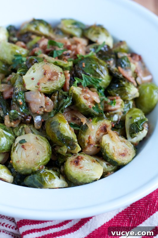 Roasted Brussels Sprouts with White Wine Shallot and Whole Grain Dijon Mustard Sauce.
