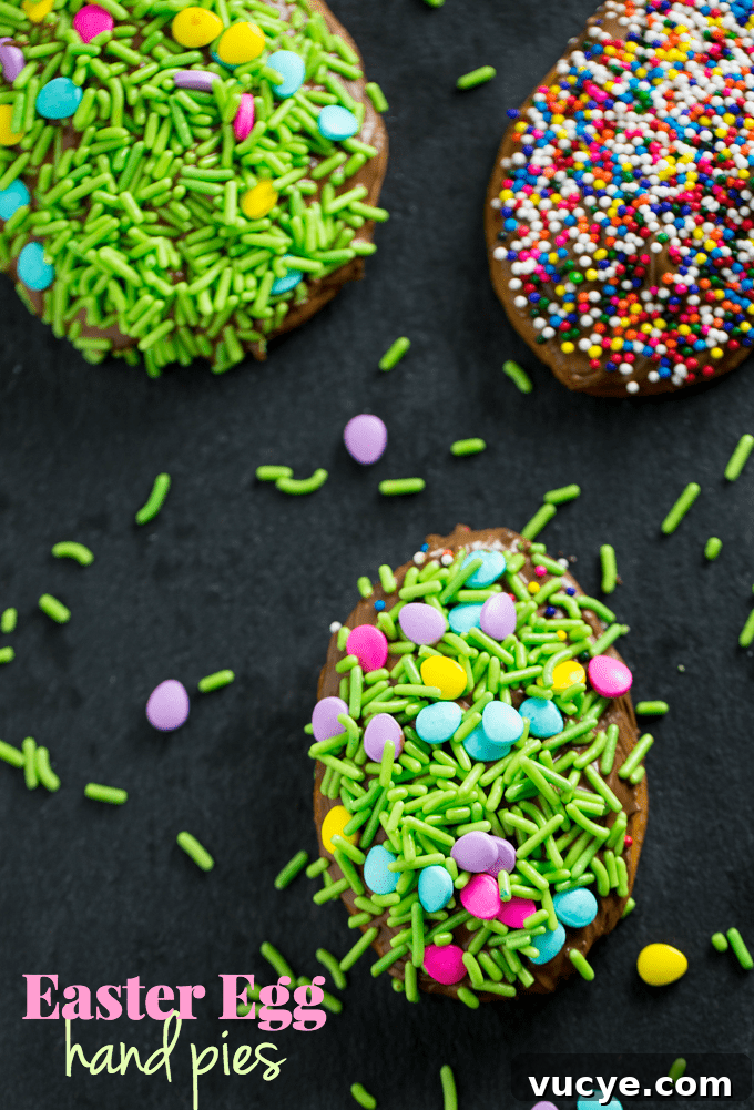 Easter Egg Hand Pies - Super easy Easter dessert made with refrigerated pie crust, melted chocolate and sprinkles! A fun Easter recipe for the kids to make.